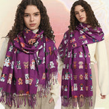 Playful Dog Breed Print Scarf - Cozy Tasseled Shawl for Autumn & Winter - Soft Accessory for Outfit Enhancement