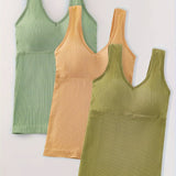 3pcs, Women's Solid Color Inner Casual Bottoming Beautiful Back Top Push-up Sleeveless Camisole With Chest Pads