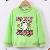 Ghostly Delight Long Sleeve Sweatshirt - Soft Cartoon Graphic Print, Comfy Round Neck, Casual Fashion for Girls - Spooky Season Essential