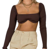 Women's Rib Knit Crop Tops, Sexy Long Sleeve Square Neck Solid Color Stretchy Blouse