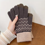 Wave Line Pattern Stylist Knit Gloves - Full Finger Windproof Winter Gloves, Ideal For Cycling Driving & Outdoor Activities