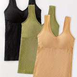 3pcs, Women's Solid Color Inner Casual Bottoming Beautiful Back Top Push-up Sleeveless Camisole With Chest Pads