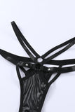 lovefery Black Leather Strappy Bra And Thong Lingerie Set