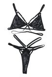 lovefery Black Leather Strappy Bra And Thong Lingerie Set