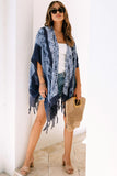 Blue Tie Dye Short Sleeves Tassels Kimono