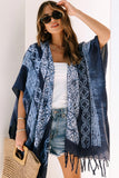 Blue Tie Dye Short Sleeves Tassels Kimono