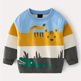 Boys' Vibrant Color Block Cartoon Tiger and Crocodile Knit Sweater - Soft Medium Stretch Cotton Blend Crew Neck Long Sleeve Pullover Top for Outdoor Play - Hand Wash Only, Fall/Winter Season, Regular Fit