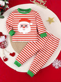 Cute Baby Boys Christmas Party Clothes Set, 2-piece Cute Santa Stripes Print Long Sleeve Pullover & Elastic-waist Pants, With Green Slice, Festive Comfy Boys Toddlers Outfits, Outdoor Cloth