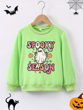 Ghostly Delight Long Sleeve Sweatshirt - Soft Cartoon Graphic Print, Comfy Round Neck, Casual Fashion for Girls - Spooky Season Essential