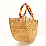 Vintage Style Sorghum Stalk Tote Handbag - Unlined, No-Closure, Hollow Out Bamboo with Acrylic Round Handles - Perfect for Summer Vacation and Beach Trips