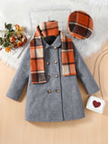 3 Pcs Girls Vintage Warm Long Jacket Woolen Overcoat & Plaid Hat And Scarf Set