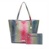 Crocodile Embossed Tote Bag Set, Elegant Shoulder Bag With Clutch Purse, Women's Office & Work Handbag