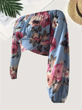 Plus Size Floral Print Crop Blouse - Charming Tie Front, Off Shoulder, Long Sleeve, Casual Style for Spring & Fall Seasons - Designed for Plus Size Women, Womens Clothing