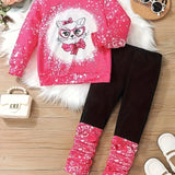 2-Piece Cartoon Cat Pattern Crew Neck Long Sleeve Sweatshirt Pullover Set with Joggers - Soft, Comfy, and Cozy for Girls' Casual Wear - Perfect for Sports and Outdoor Activities