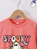 Ghostly Delight Long Sleeve Sweatshirt - Soft Cartoon Graphic Print, Comfy Round Neck, Casual Fashion for Girls - Spooky Season Essential