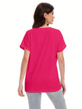 Loose Fit V-neck T-shirts For Women With Rolled Sleeves, Short Sleeves, And Split Summer Tops