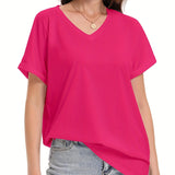 Loose Fit V-neck T-shirts For Women With Rolled Sleeves, Short Sleeves, And Split Summer Tops