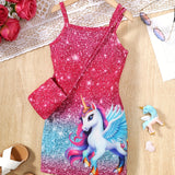 Girls Magical Unicorn Cami Dress - Soft & Stretchy Summer Sundress with Playful Suspenders - Ideal for Casual Wear