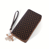 Retro Double Zipper Long Wallet With Wristlet, Heart Print Clutch Bag, Faux Leather Mobile Phone Purse