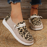 Women's Leopard Print Loafers, Colorblock Lace Up Flat Canvas Shoes, Casual Slip On Shoes