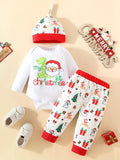 Baby's Cute Cartoon Print Christmas Party Outfits, 3pcs Long Sleeve Romper + Trousers + Hat Set, Outdoor Cloth