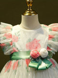 Elegant Summer  Floral Princess Dress for Girls - Durable, Knee-High with Flutter Sleeves & Belt