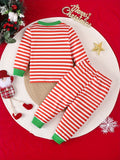 Cute Baby Boys Christmas Party Clothes Set, 2-piece Cute Santa Stripes Print Long Sleeve Pullover & Elastic-waist Pants, With Green Slice, Festive Comfy Boys Toddlers Outfits, Outdoor Cloth