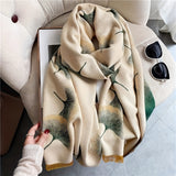 Elegant French Ginkgo Leaf Scarf for Women - Thick, Warm Winter Shawl with Tassels, Polyester, Non-Stretch, Perfect for Casual Outings