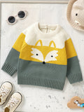 Cute Cartoon Fox Long Sleeve Baby Sweater - Soft Medium Stretch Acrylic Knit Fabric, Rib-Knit Crew Neck, Pullovers, Raglan Sleeve - Hand Washable, Perfect for Fall/Winter Season