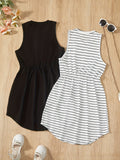 2PCS Teen Girls Fashionable Striped Sleeveless Tunic Dresses - Comfy & Breathable, Perfect for Summer Outings & Casual Wear