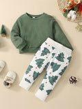 2pcs Christmas Waffle Baby's Round Neck Long Sleeve Pullover & Cute Cartoon Print Trousers Set, Outdoor Cloth