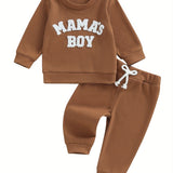 Baby Toddler Boy Fall Waffle Outfit, Letter Embroidery Long Sleeve Sweatshirt Elastic Waist Pants 2 Piece Set