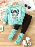 2-Piece Cartoon Cat Pattern Crew Neck Long Sleeve Sweatshirt Pullover Set with Joggers - Soft, Comfy, and Cozy for Girls' Casual Wear - Perfect for Sports and Outdoor Activities