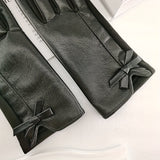 Monochrome PU Leather Gloves Stylish Bow Decor Touchscreen Gloves Autumn Winter Thick Soft Warm Waterproof Driving Gloves