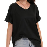 Loose Fit V-neck T-shirts For Women With Rolled Sleeves, Short Sleeves, And Split Summer Tops