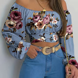 Plus Size Floral Print Crop Blouse - Charming Tie Front, Off Shoulder, Long Sleeve, Casual Style for Spring & Fall Seasons - Designed for Plus Size Women, Womens Clothing