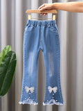 Girls Fashion 82% Cotton Elastic Waist Blue Denim Flared Jeans With White Embroidered Bow Tie & Lace Detail, Frayed Hem, Pearl Accents, Casual Street Style Trousers