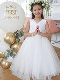 Glittering Flower Girl Dress - Elegant V-Neck Solid White Tulle Gown with Shimmering Beaded Waist - Perfect for Weddings, Pageants & Piano Performances