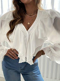 Plus Size Chic Blouse for Curvy Women - Fashionable Solid Buttons, Delicate Ruffle Trim, Flattering Lantern Sleeves & Chic V-Neckline - A Stylish Everyday Essential