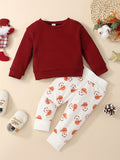 2pcs Christmas Waffle Baby's Round Neck Long Sleeve Pullover & Cute Cartoon Print Trousers Set, Outdoor Cloth