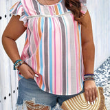 Plus Size Elegant Crew Neck Striped Print Blouse - Comfortable Non-Stretch Polyester Shirt for Summer - Machine Washable, Woven, and Random Printed