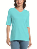 Vibrant Solid Color V-Neck T-Shirt - Soft, Breathable, Casual Half Sleeve Design for Spring & Summer - Women's Comfortable Clothing for Everyday Wear