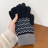 Wave Line Pattern Stylist Knit Gloves - Full Finger Windproof Winter Gloves, Ideal For Cycling Driving & Outdoor Activities