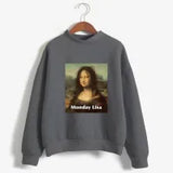 Sweatshirts Monday Mona Lisa Printed Hoodies Women Fleece Long Sleeve O Neck Loose Sweatshirt Girls Women Hoodie Pullovers Winter Autumn