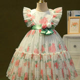 Elegant Summer  Floral Princess Dress for Girls - Durable, Knee-High with Flutter Sleeves & Belt