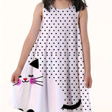 Adorable Girls Sleeveless Polka Dot Kitty Print Dress - Lightweight & Comfortable Casual Loose Sundress for Playful Summer Holidays & Parties