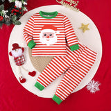 Cute Baby Boys Christmas Party Clothes Set, 2-piece Cute Santa Stripes Print Long Sleeve Pullover & Elastic-waist Pants, With Green Slice, Festive Comfy Boys Toddlers Outfits, Outdoor Cloth