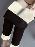 Plus Size Casual Leggings, Women's Plus Solid Liner Fleece Elastic High Rise Medium Stretch Leggings