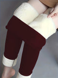 Plus Size Casual Leggings, Women's Plus Solid Liner Fleece Elastic High Rise Medium Stretch Leggings