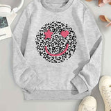 All-Season Geometric Leopard Print Casual Sweatshirt - Stretchy, Durable Crew Neck Top for Daily Comfort